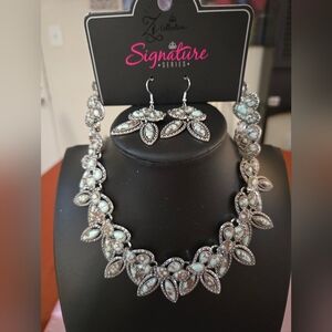 Mint and Silver Floral Statement Necklace & Earring Set